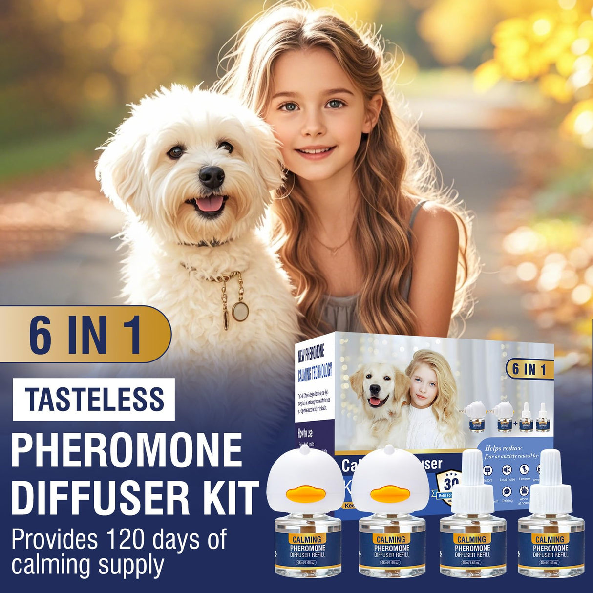 LKBHGF Dog Calming Pheromones Diffuser 6 in 1 Kit Appeasing Pheromone Diffuser to Calm (2 Plug in+4 x48ml Refill) for Anxiety Relief Reduce Aggression Fighting Barking Stress 120 Day Supply(Tasteless)