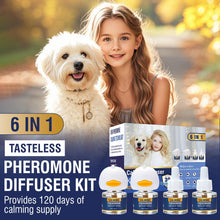 Load image into Gallery viewer, LKBHGF Dog Calming Pheromones Diffuser 6 in 1 Kit Appeasing Pheromone Diffuser to Calm (2 Plug in+4 x48ml Refill) for Anxiety Relief Reduce Aggression Fighting Barking Stress 120 Day Supply(Tasteless)
