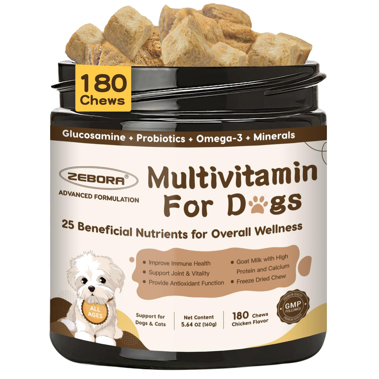 ZEBORA Dog Multivitamin with Probiotics - Dog Vitamins and Supplements - Multivitamin for Dogs with Glucosamine, Omega 3 and Probiotics for Dogs Digestion, Immunity, Joint, Skin and Coat - 180ct