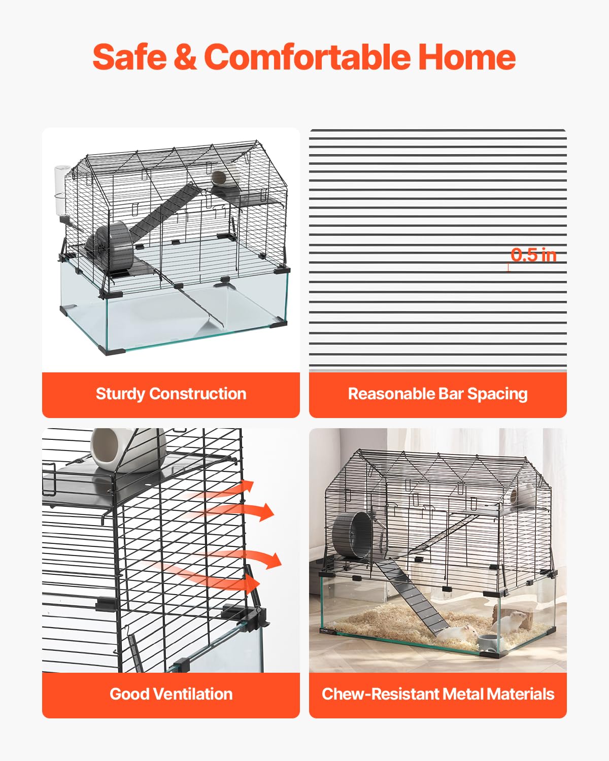 VEVOR Hamster Cage, 360° Viewing Transparent Hamster Habitats, Small Animal Cage, 22.8 x 15 x 21.3 in, Ventilated Pet Mouse Cages with Water Bottle, Portable Hamster House for Rats, Guinea Pigs