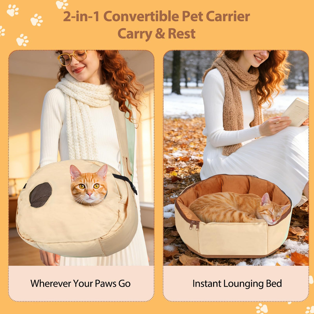 2-in-1 Convertible Pet Sling Carrier & Bed - with Breathable Mesh, Adjustable Strap & Pocket，for Travel, Vet Visit & Home Use, Up to 22lbs (KAKI)