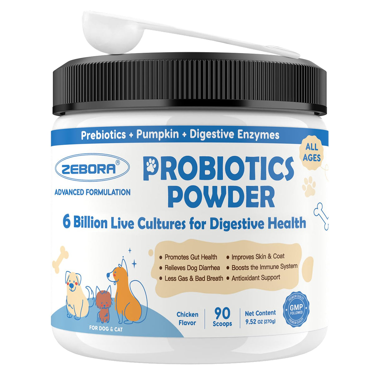 Probiotic Powder for Dogs with Pumpkin, Prebiotics & Digestive Enzymes, 6 Billion CFUs Dog Probiotics for Digestive Health, Diarrhea & Itchy Skin Relief, Chicken Flavor, 90 Scoops
