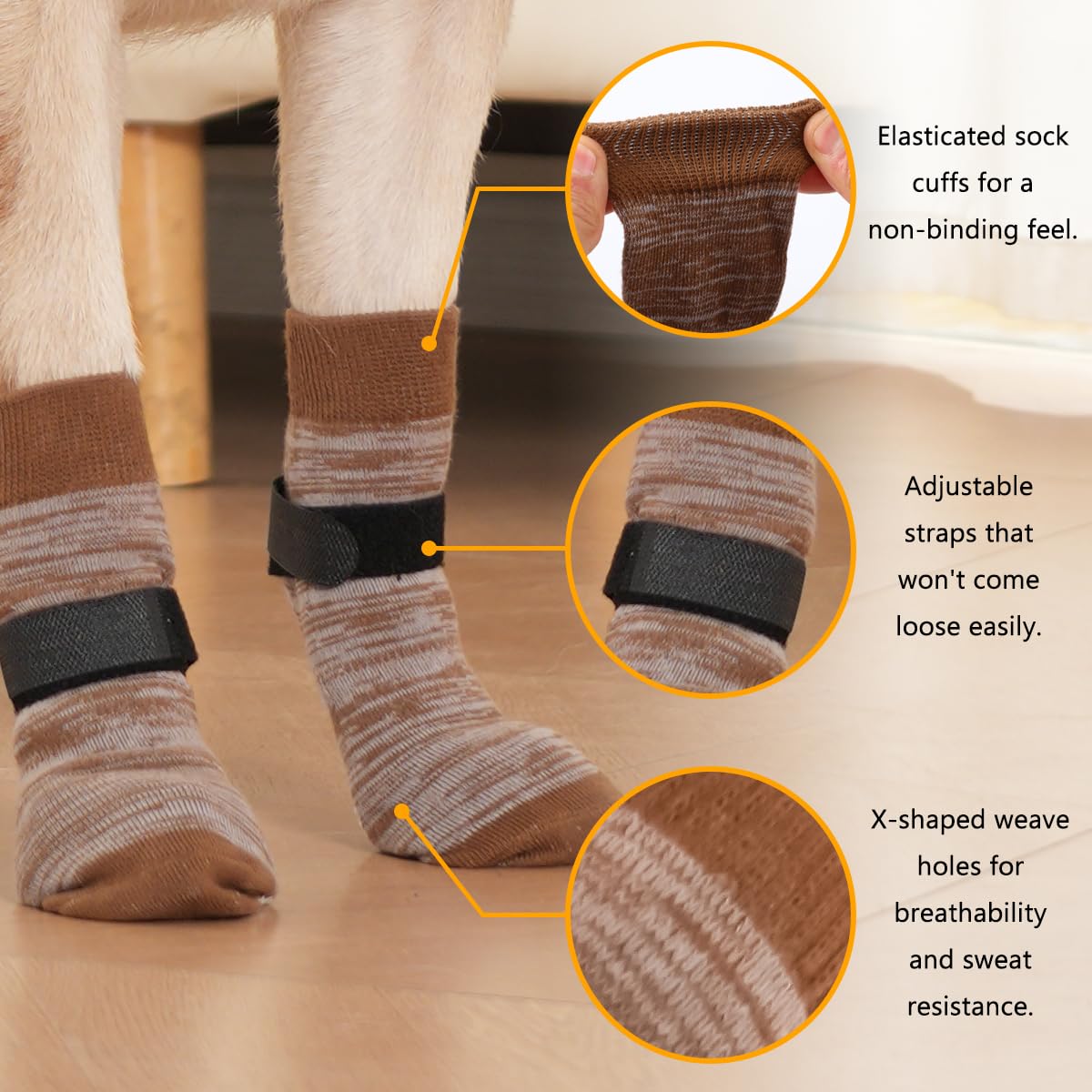KUPAO Dog Socks 12 Pack to Prevent Licking Paws, Anti Slip Dog Booties and Paw Protectors for Hardwood Floors Hot Pavement, Suitable for Small Medium Large Senior Dogs - Size Large,Brown