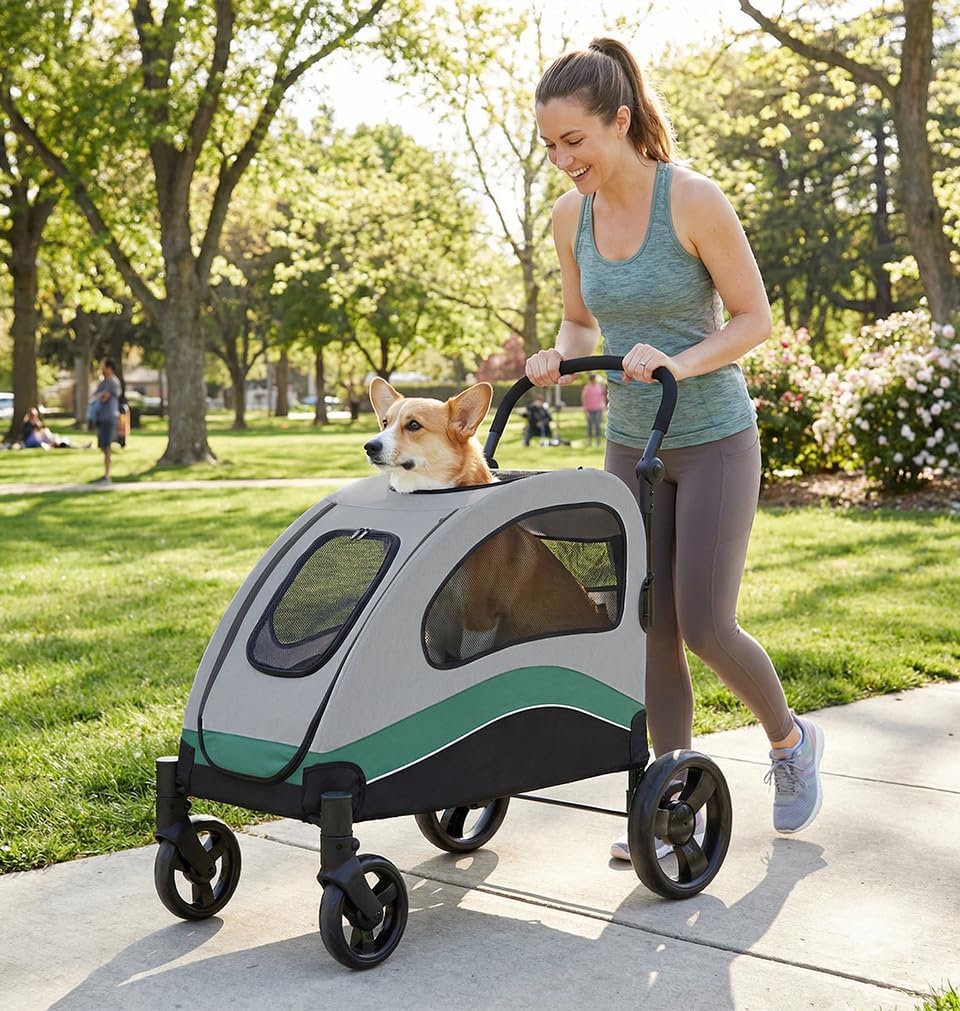 Dog Stroller for Large Dogs, Extra Large Pet Stroller Up to 160 Lbs, Foldable, Ventilated,360° Rotating Wheel, Easy Wash Pet Wagon with Adjustable Handle & Storage Pocket ﻿