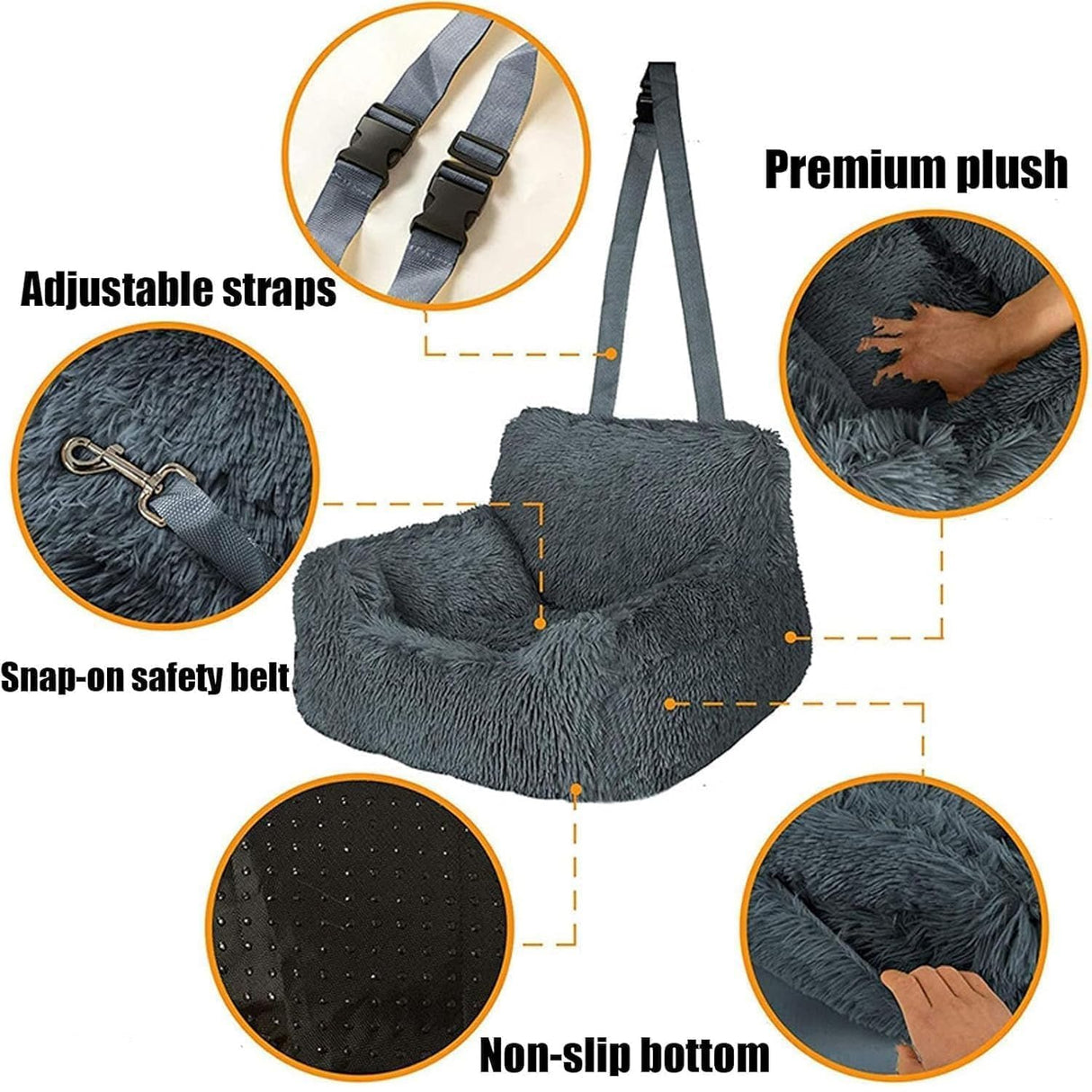 Luxurious Car Bed Travel Safety Kit, Ultra Soft Comfort Calming Dog Bed for Car Seat, Portable Washable Durable Plush Pet Cushion for Small Medium Dogs Cats (Dark Gray,23.6 * 27.5in)