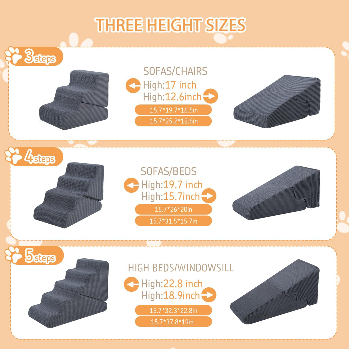 PRIMEPATIO Dog Ramp for Bed, 20" H Dog Stairs for High Bed, 2 in 1 Pet Steps for Small Dogs, 4-Step Foldable Transformable Large Cats Ramp to Get on Couch, Non-Slip Balanced, Grey