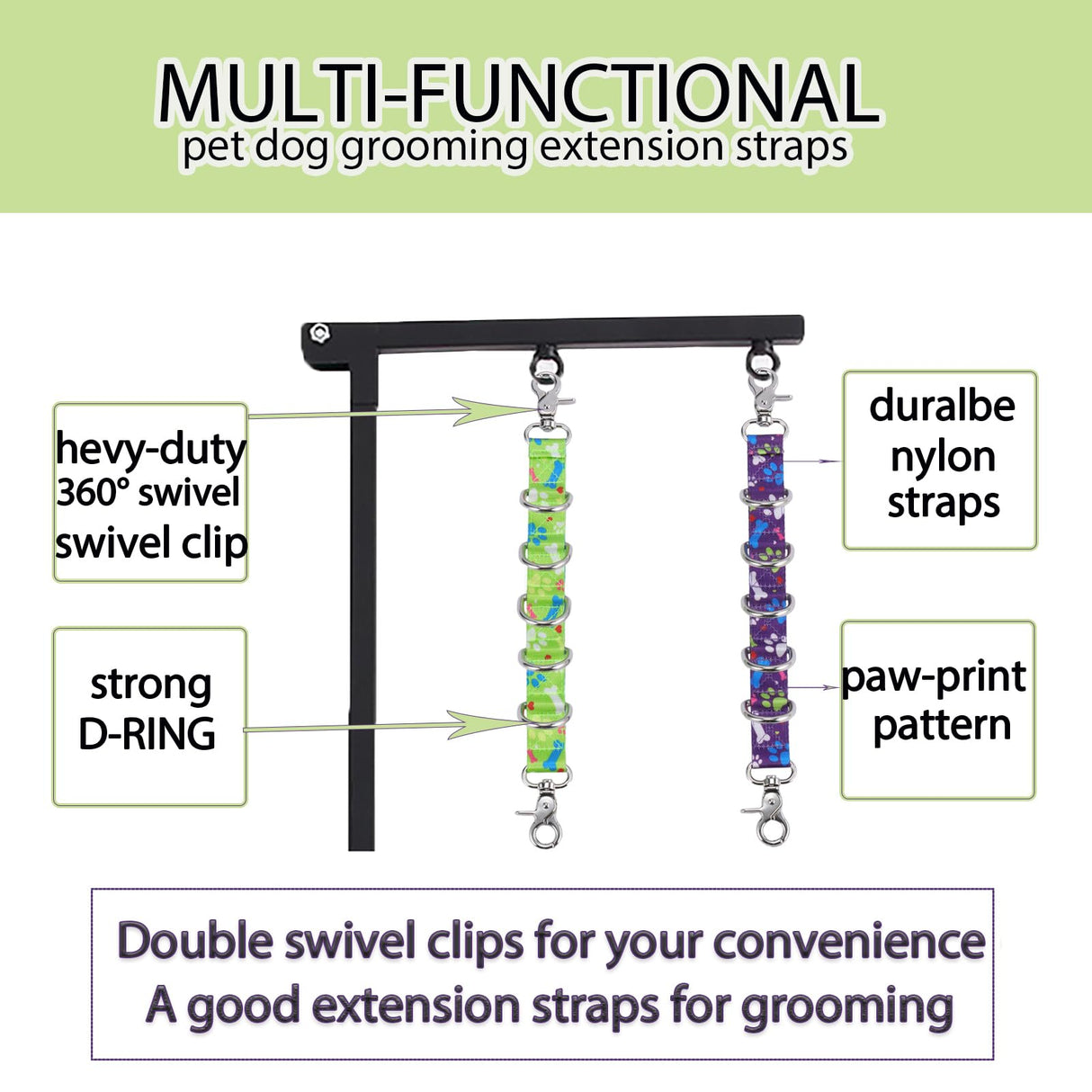 FURSDOLY Dog Grooming Loops Table Supplies 2 Pack Cute Colorful Paw Pattern Restraint Loop Dogs Grooming Arm Extension Double Snap Hooks Extender with 5 D-Rings for Pet Salon & Daily Conveience