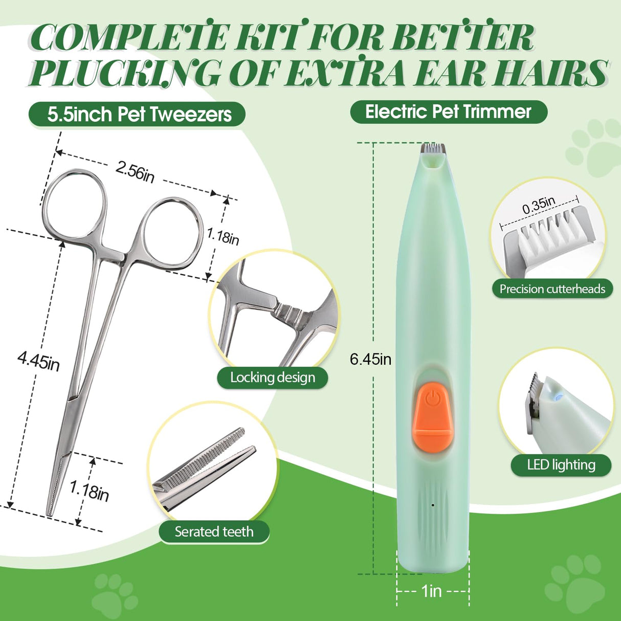 Dog Ear Powder Hair Removal Kit–Safe Grooming Set with 30g Ear Powder, LED Silent Trimmer & 5.5in Tweezers All-in-One Ear Care Solution for Dogs &Cats,Odor Control & Hygiene Support, Home Grooming Kit