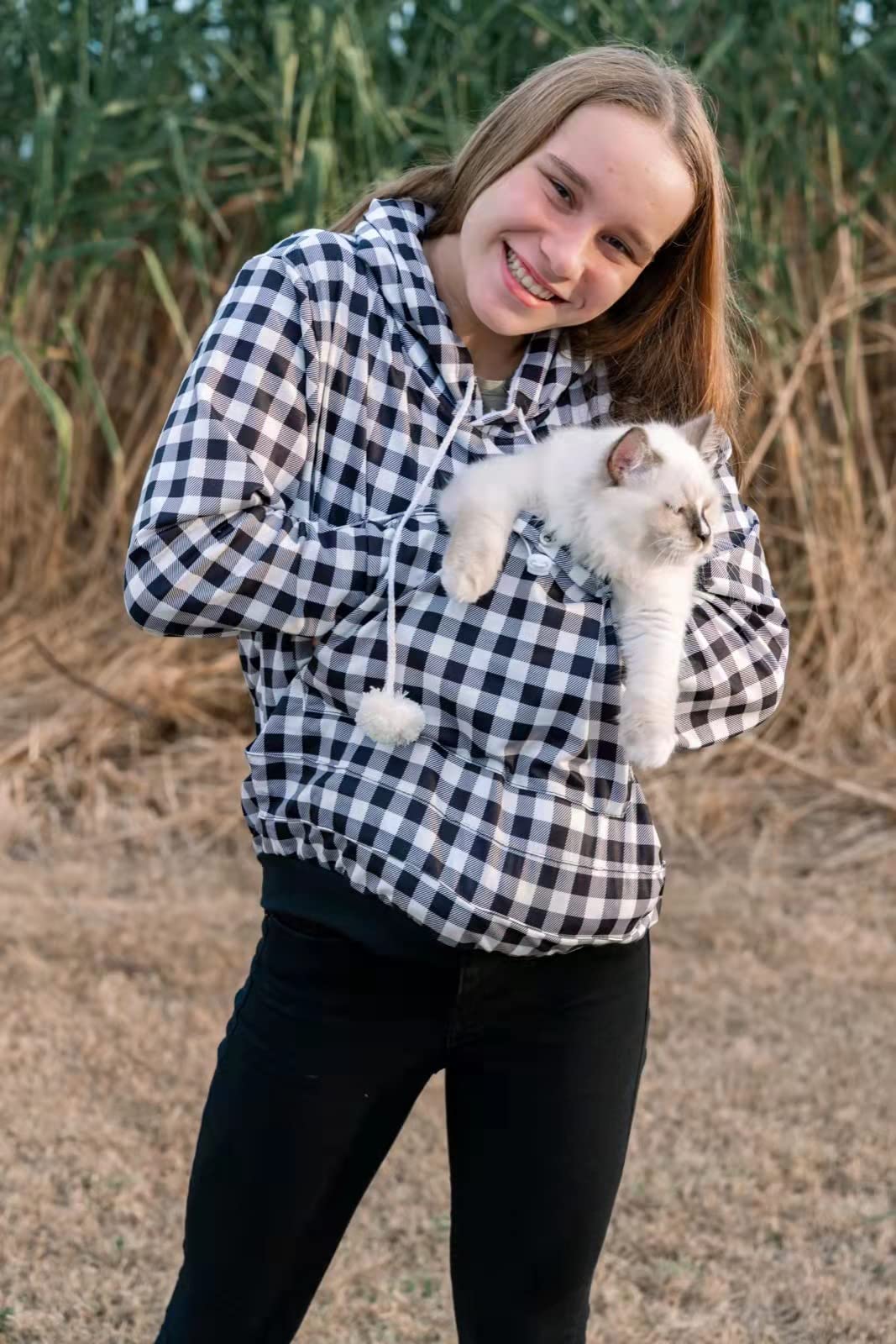 Pet Pouch Hoodie - Cat Dog Holder Sweatshirt Large Pocket Carrier Pullover Tops for Women (Black+White, Large)