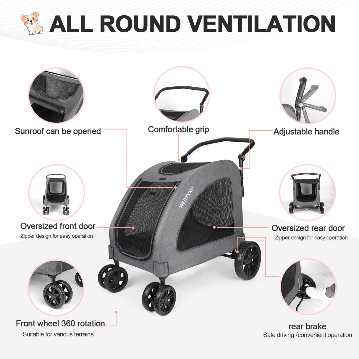 Dog Stroller for Extra Large Dogs, 4 Wheels Dog Cat Stroller, Foldable Pet Bike Trailer, Folding Carrier with Adjustable Handle, Sunroof, Rear Brake, Security Leash (Dark Grey)