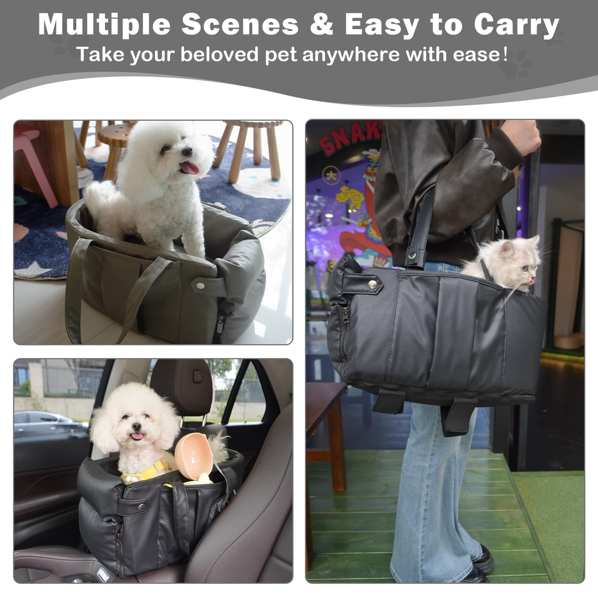 Portable Small Dog Seat for Car, Luxury Leather Center Console Dog Car Seat Booster with Safety Tethers, Anti-Collapse Pet Travel Carseat for SUV, Truck