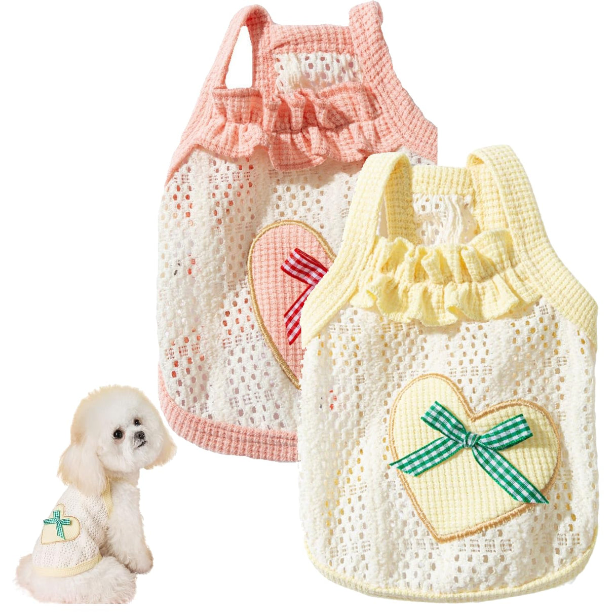2PCS Breathable Cotton Dog Shirt with Heart and Bow Decoration, Pet Shirt for Small Dog and Cat, Puppy Clothes for Chihuahuas, Dachshunds and Yorkies, Summer Pet Outfit for Girls(2PCS A,XS)
