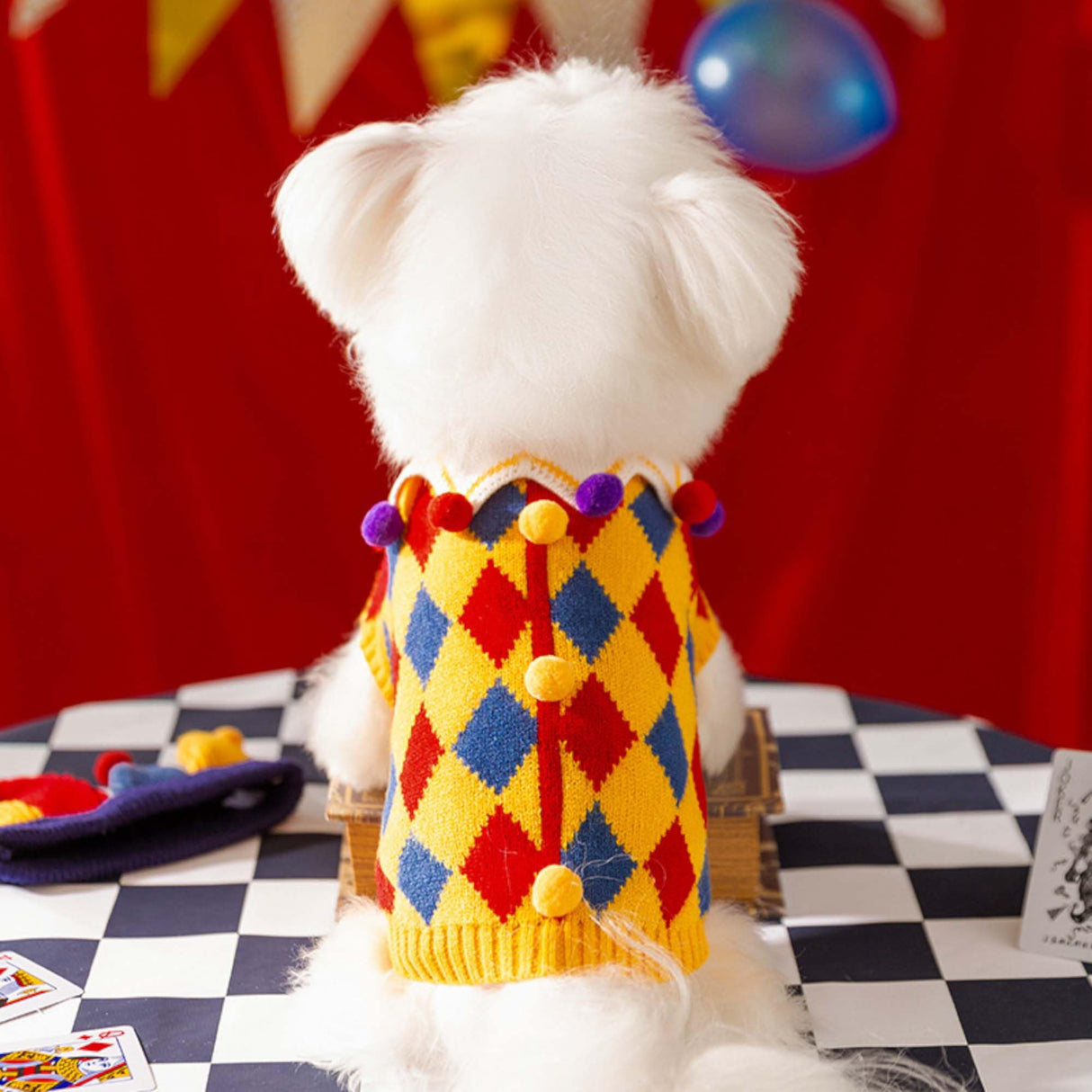 FLAdorepet Dog Circus Clown Costume with Joker Hat,Dog Cat Halloween Mardi Gras Outfit Party Jester Costumes Cosplay Apparel,Winter Pet Knitted Sweaters Clothes for Small Medium Dogs Cats,X-Large
