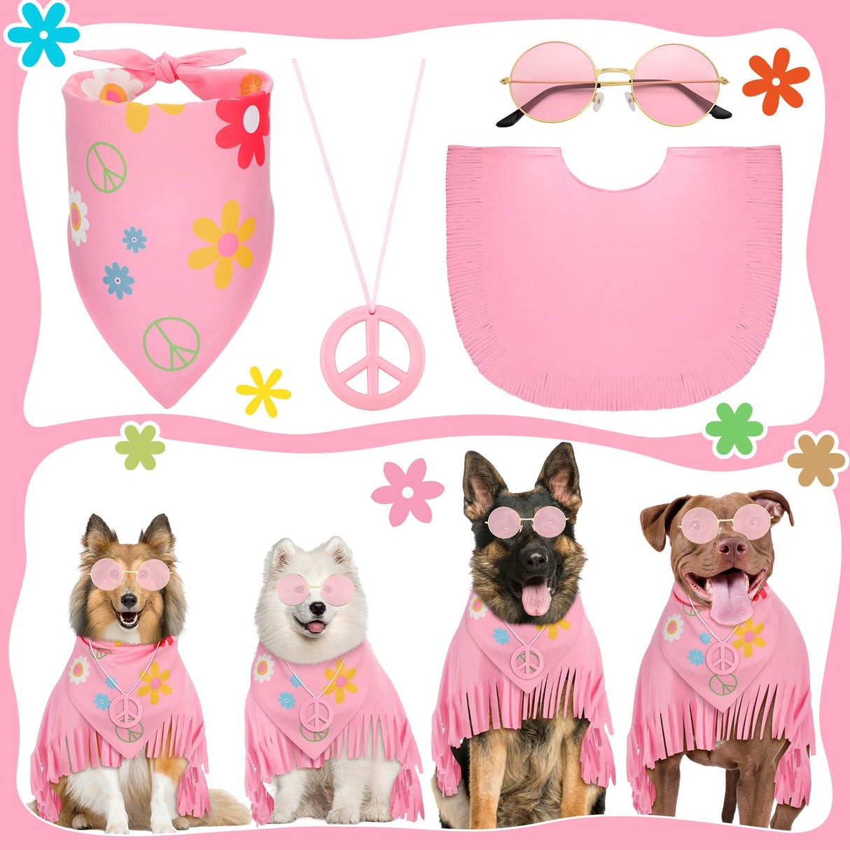 Huhumy 4 Pcs Hippie Dog Costume Pet Dog Hippie Costume Set Includes Sunglasses Scarf Cloak Necklace(Pink Style,Large)