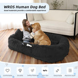 Human Dog Bed, 71''x45''x12'' Size Fits You and Pets, Washable Faux Fur Pet Bed for People Doze Off, Napping Orthopedic Dog Bed, Present Plump Pillow, Blanket, Strap - Black