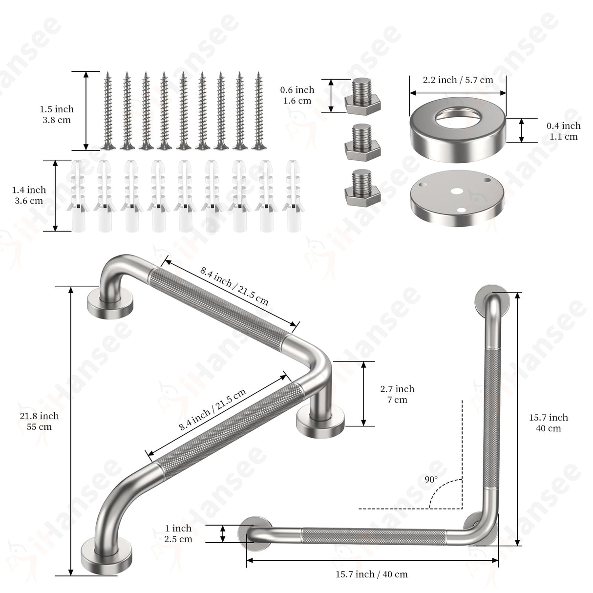Angled Grab Bar 16x16 Inch Stainless Steel Knurled Toilet Handles Wall Mounted Bathroom Handicap Safety Rails for Elderly Injured Balance Support, L-shaped Brushed Nickel Grab Bar for Shower