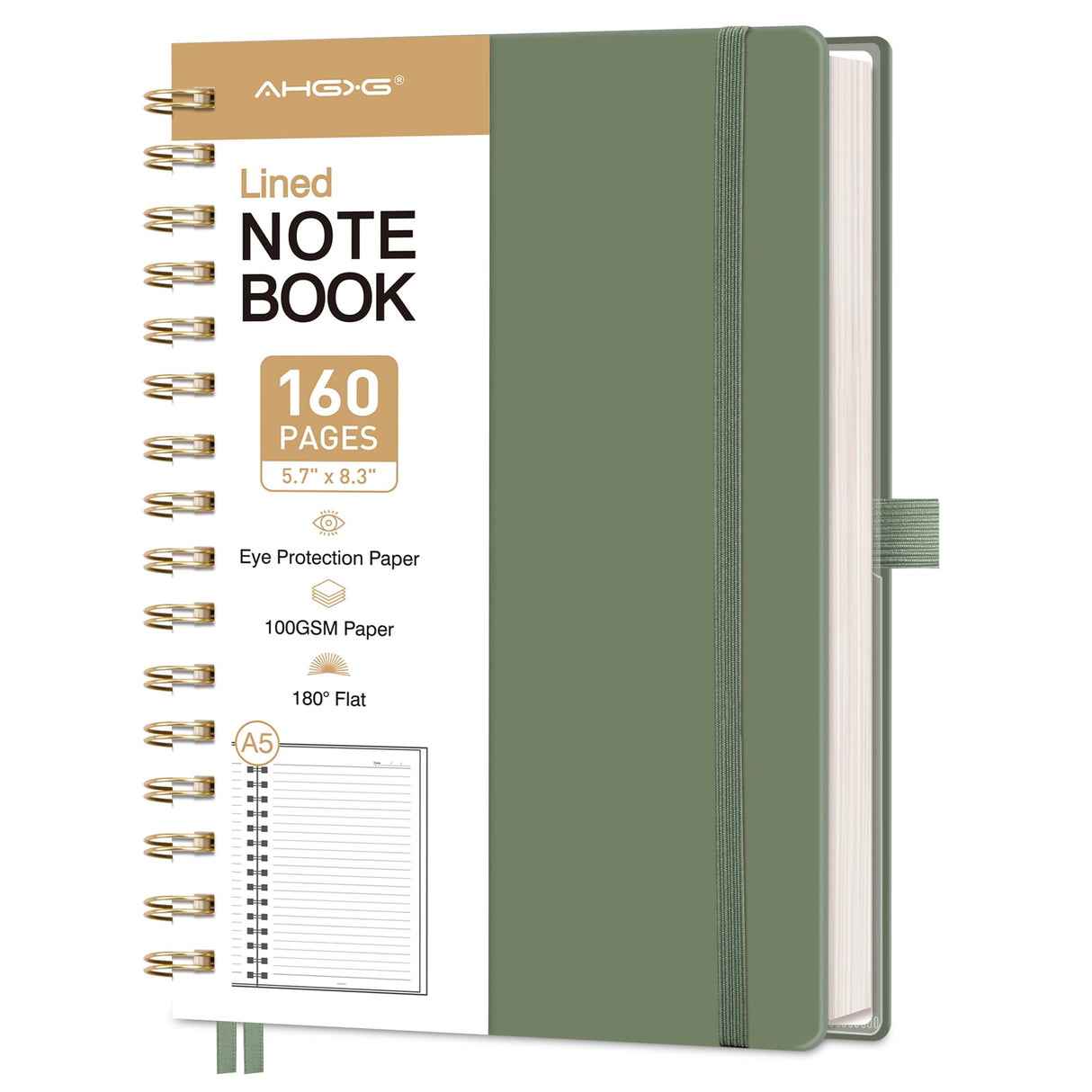 AHGXG Spiral Journal Notebook, 160 Lined Pages, A5 Medium Size (5.7'' x 8.3''), for Men & Women, Journaling, Writing, Work & Office, Hardcover, 100 GSM Thick Paper (Light Green)