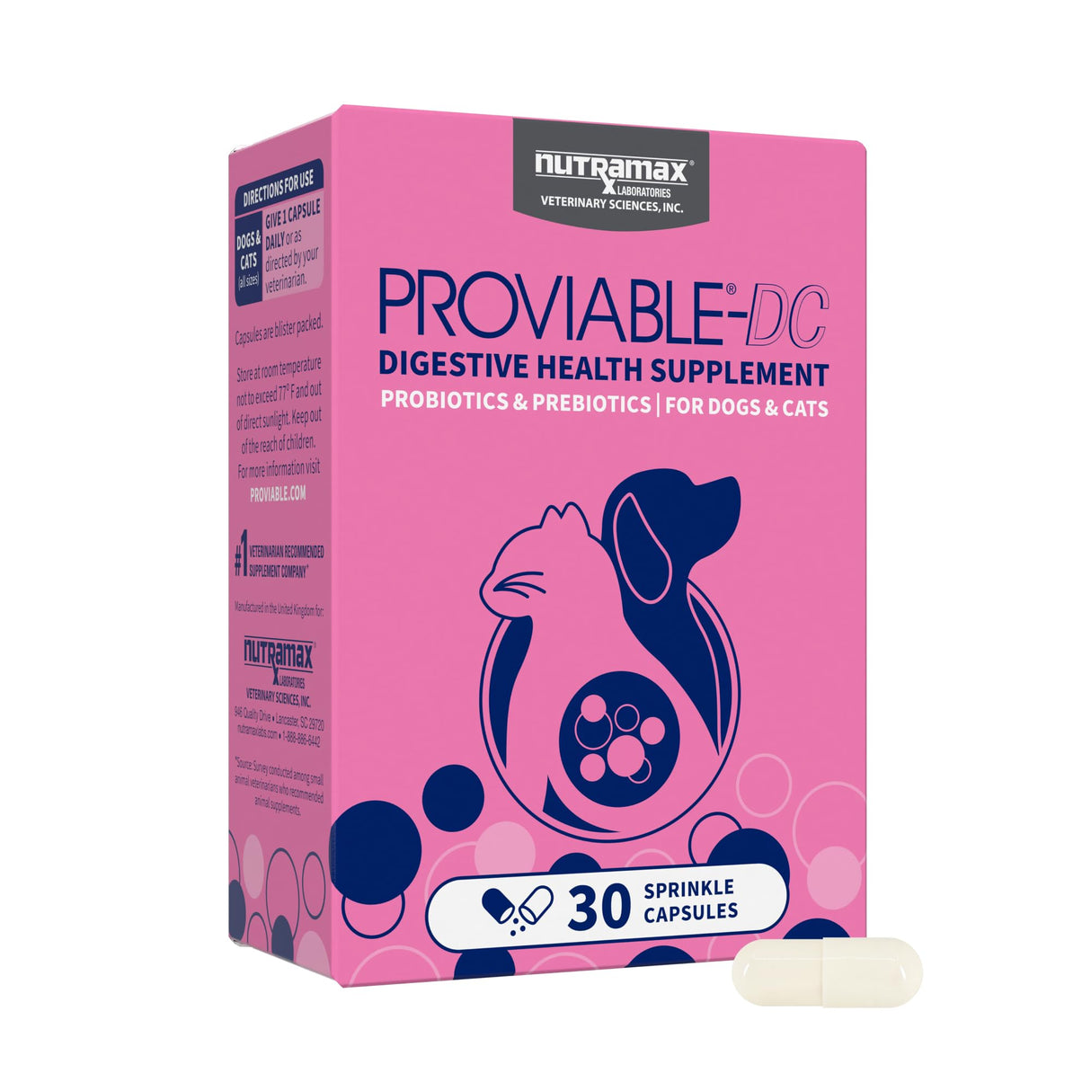 Nutramax Proviable Probiotics for Dogs and Cats, Daily Digestive Health Supplement with Multiple Strains of Bacteria, Cat and Dog Probiotics Plus Prebiotics, 30 Capsules