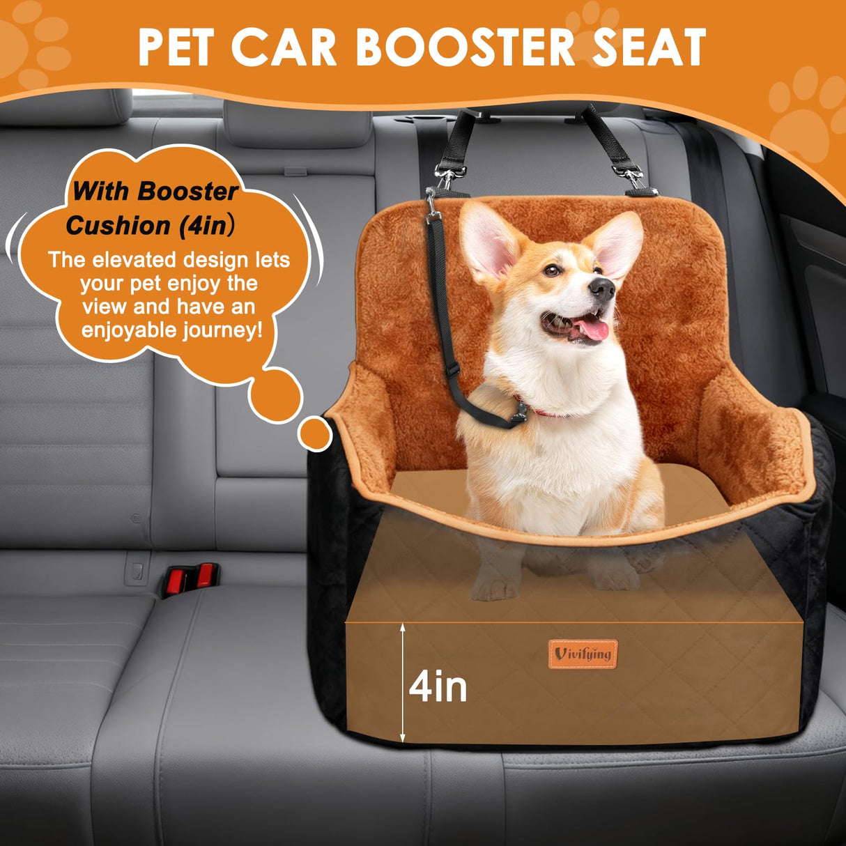 Vivifying Dog Car Seat for Small and Medium Dogs, 4" Booster Pet Car Seat with Safety Strap, Plush Travel Dog Bed for Car with Storage Pocket, Detachable Washable Cover, Fits Dogs up to 35lbs (Black)