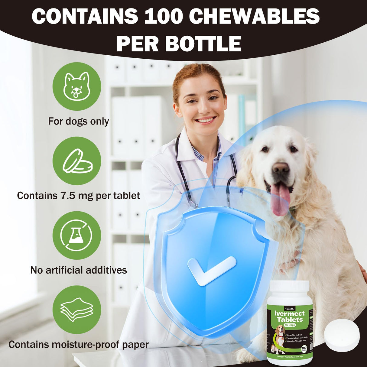 lvermect Tablets for Dogs, 99% Purity for Gut Health Detox, Promotes Immune & Digestive Support - 7.5mg(100 Tablets)