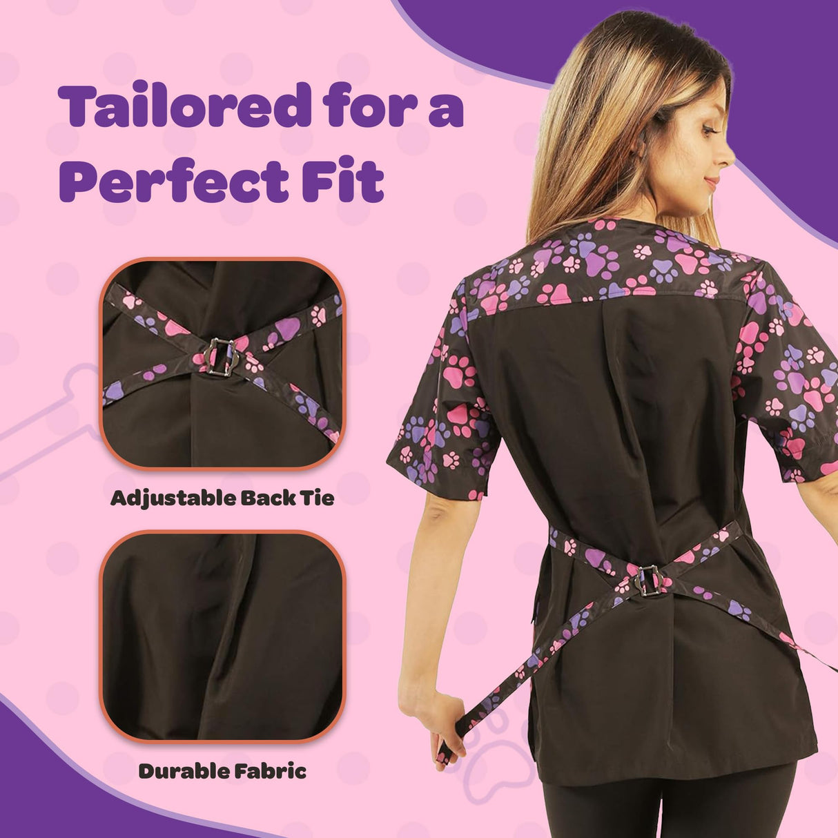 Ladybird Line 725 Pink and Purple Paw Print Waterproof Dog Grooming Smock, Hair and Bleach Resistant with Covered Zipper Panel, Solid Black Back, and Back Tie Belt - Ideal for Pet Groomers - L