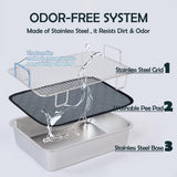 MEEXPAWS Rabbit Litter Box Stainless Steel, Large Bunny Litter Box with Raised Grid and Washable Pee Pad, Metal Litter Pan High Side for Rabbit,Small Animal Toilet Potty Tray Easy Cleaning,Less Stink