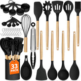 Kitchen Utensils Set - 33 PCS, Heat-Resistant Silicone Cooking Utensils Set with Wooden Handle, BPA-Free Kitchen Gadgets Spatula Sets with Holder for Nonstick Cookware (Black)