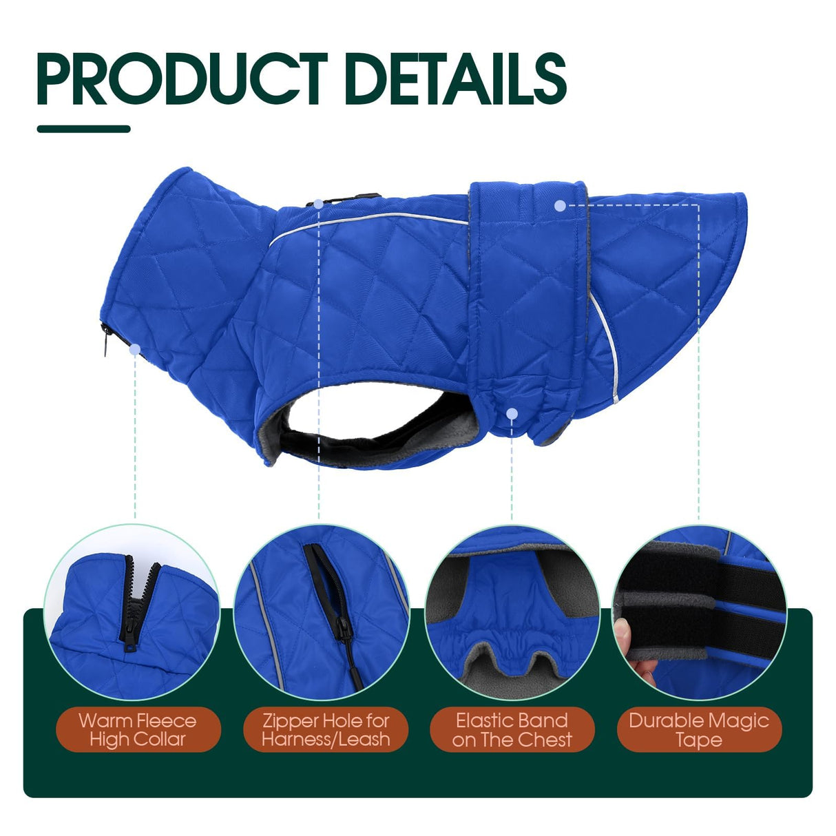 Kuoser Extra Warm Dog Coat, Windproof Cold Weather Dog Jackets for Large Dogs, Thick Fleece Lining Pet Turtleneck Snowsuit Reflective Adjustable Puppy Winter Coat Doggie Snow Jacket Blue, XL