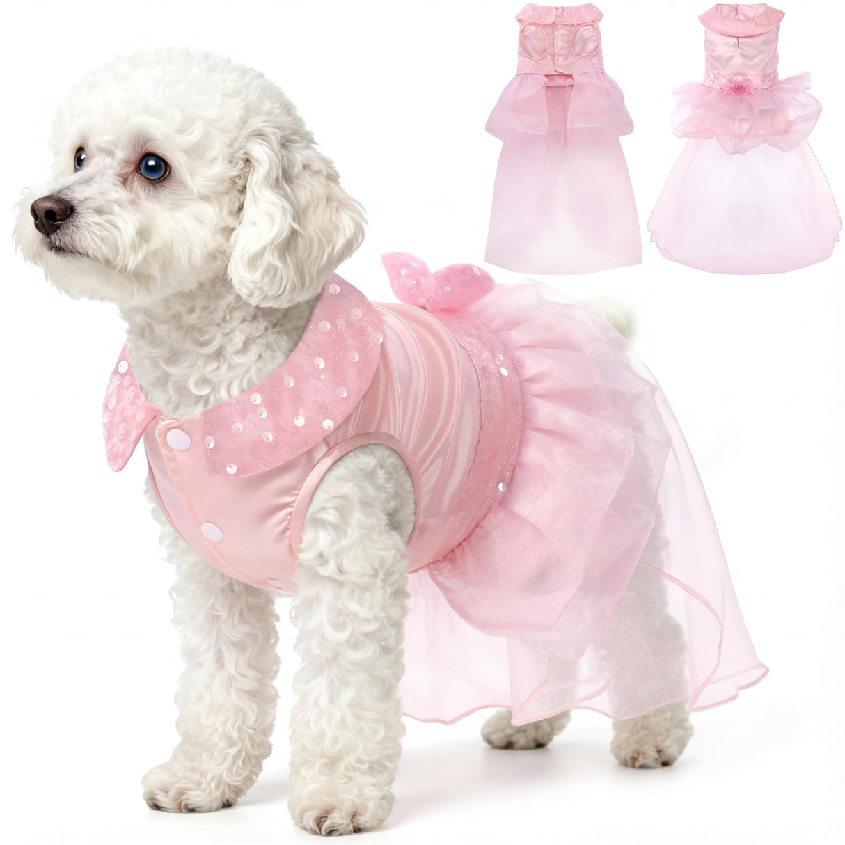 Dog Dress for Small Medium Large Dogs Pet Princess Wedding Dress with Detachable Train Multi-Layer Organza Girl Puppy Tutu Skirt Bowknot Sequin Decor Birthday Cat Clothes(Pink, M)
