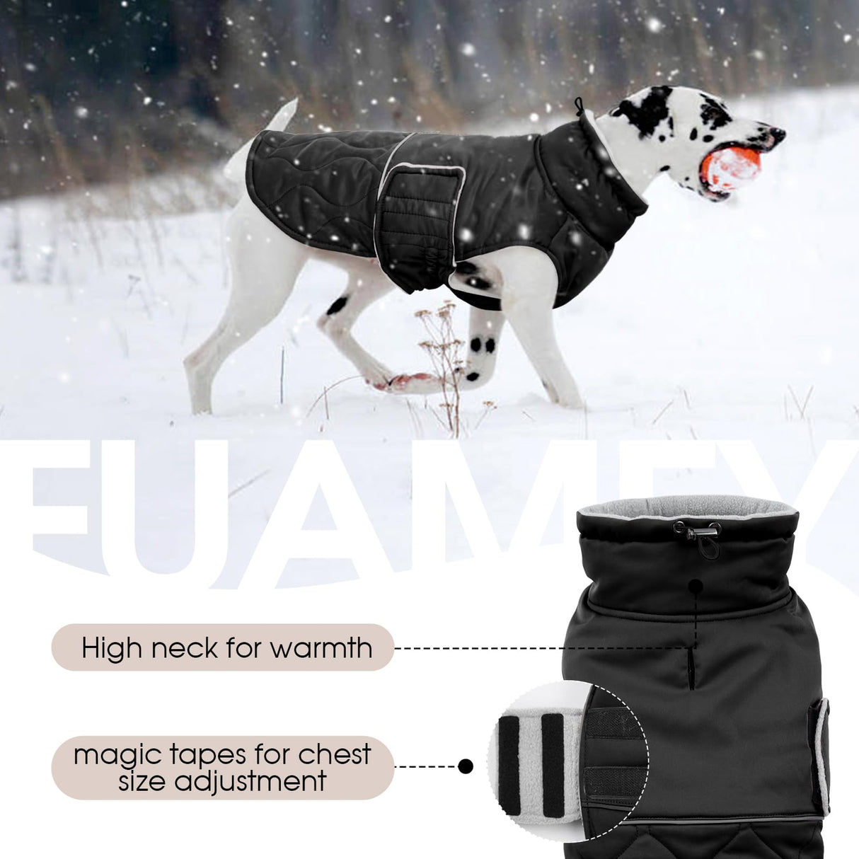 FUAMEY Warm Dog Coat for Cold Weather, Waterproof Large Dogs Jackets Fleece Lined, Adjustable Doggy Thermal Vest Sleeveless, Pet Winter Snowsuit Windpproof (Black, L)