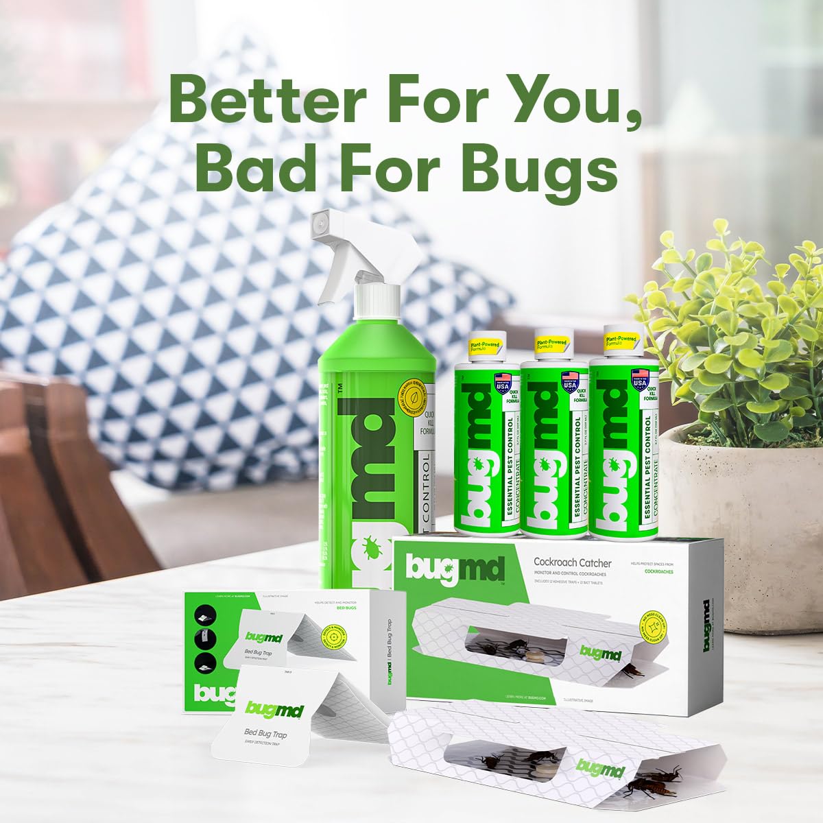 BugMD Essential Pest Control Concentrate (3 Pack) with Spray Bottle 32 oz, BugMD Cockroach Catcher (1 Pack) and BugMD Bed Bug Trap (1 Pack) Bundle