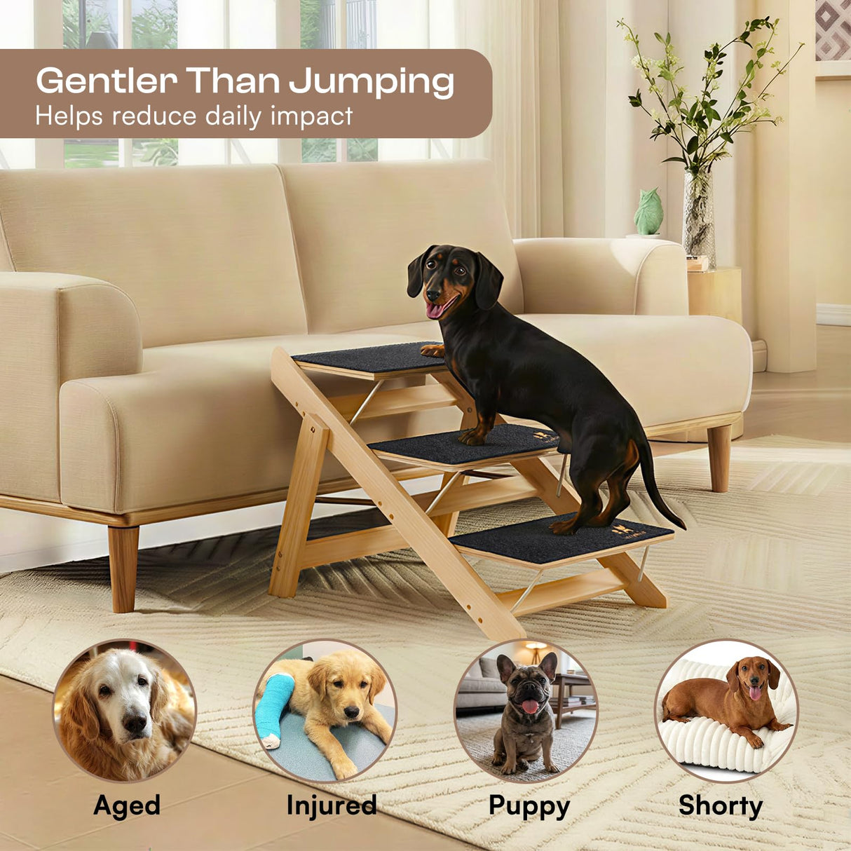 Luciphia Wooden Dog Stairs for Small Dogs 2-in-1 Foldable Dog Steps for Beds Cars Couch Anti-Slip Pet Ramp with 4 Steps Indoor Pet Stairs for Medium Large Older Pets Cats up to 220lbs