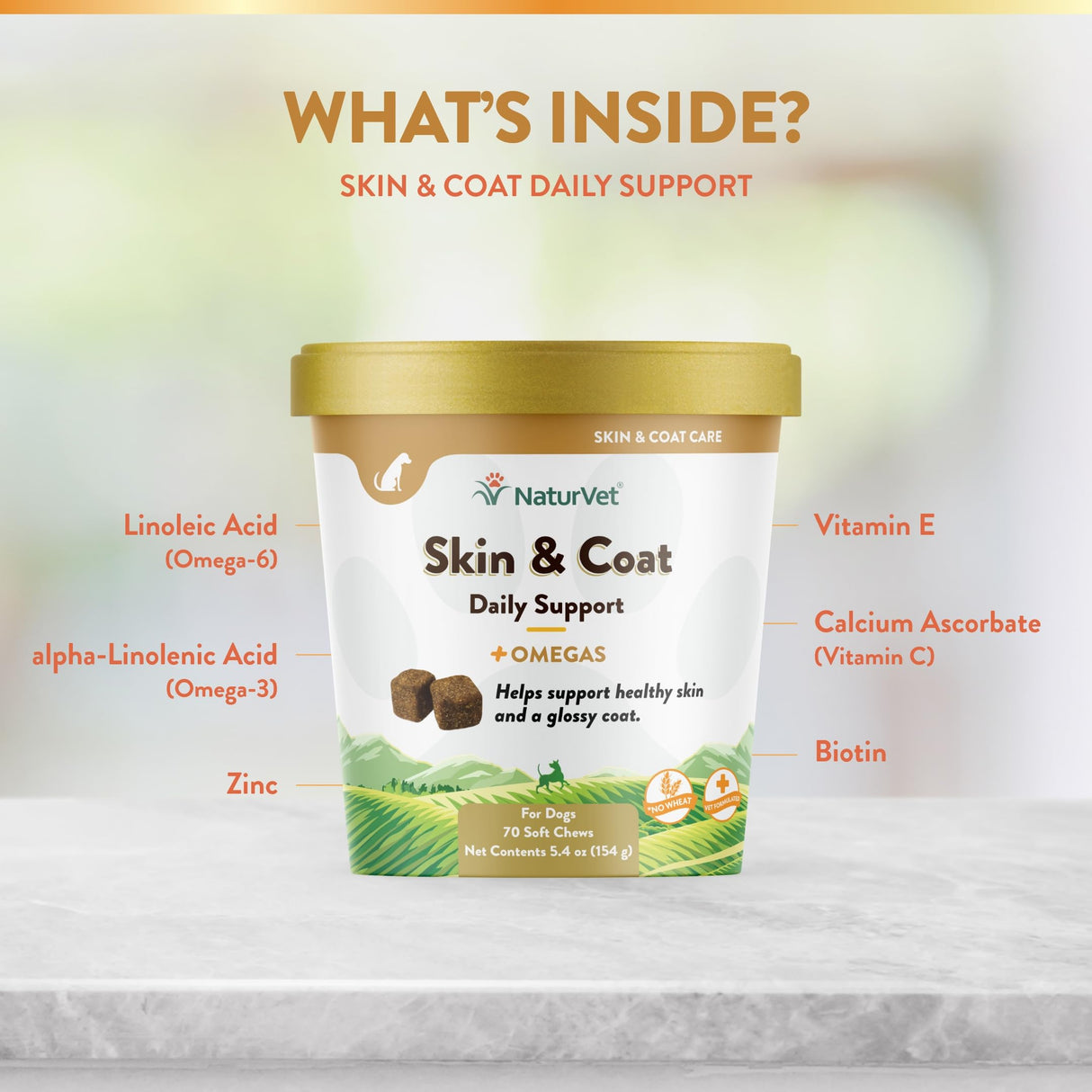 NaturVet Skin and Coat Plus Breath Aid for Dogs, 70 ct Soft Chews, Made in The USA with Globally Source Ingredients