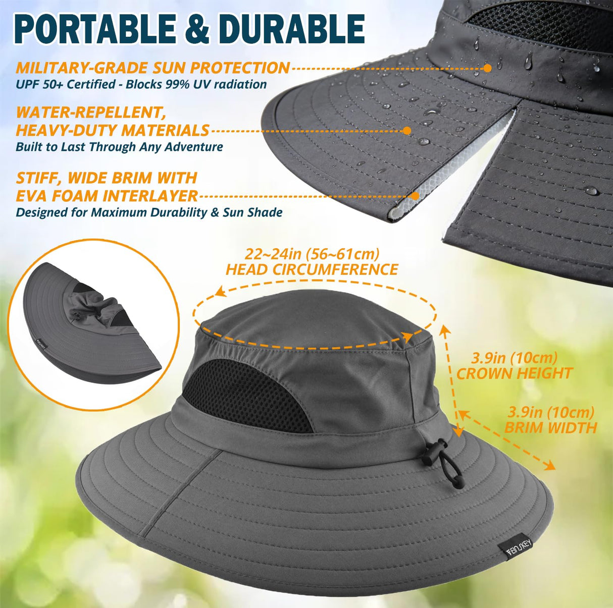 EINSKEY Men's Waterproof Sun Hat, Outdoor Sun Protection Bucket Safari Cap For Safari Fishing Hunting Dark Gray One Size