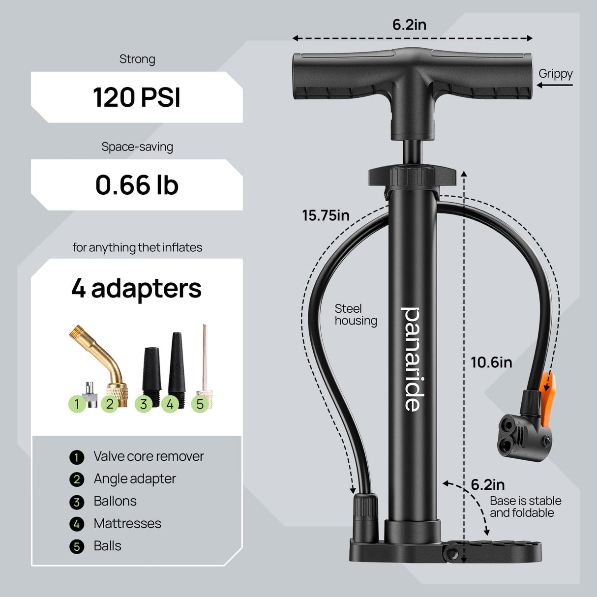 Bike Pump Floor, Advanced Bike Tire Inflator, Bicycle Hand Air Pump with Dual Presta and Schrader Valves, Handheld Pump, Suitable for Road and Mountain Bikes, Baby Stroller, Balls (Portable)