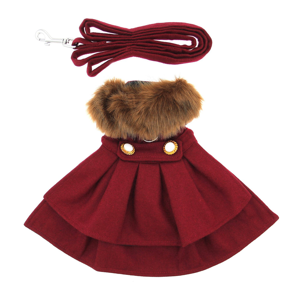 Wool Fur Trimmed Dog Harness Coat - Burgundy (Medium)