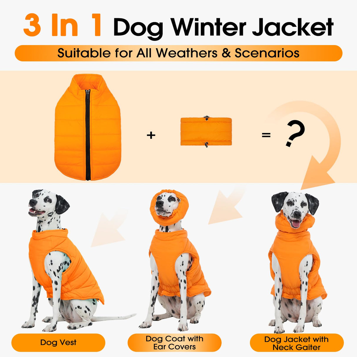 LeleTail Large Dog Winter Coat with Back Zipper & Detachable Scarf, Waterproof Warm Dog Snow Jacket, Dogs Puffer Vest for Golden Retriever, German Shepherd, Orange 2XL