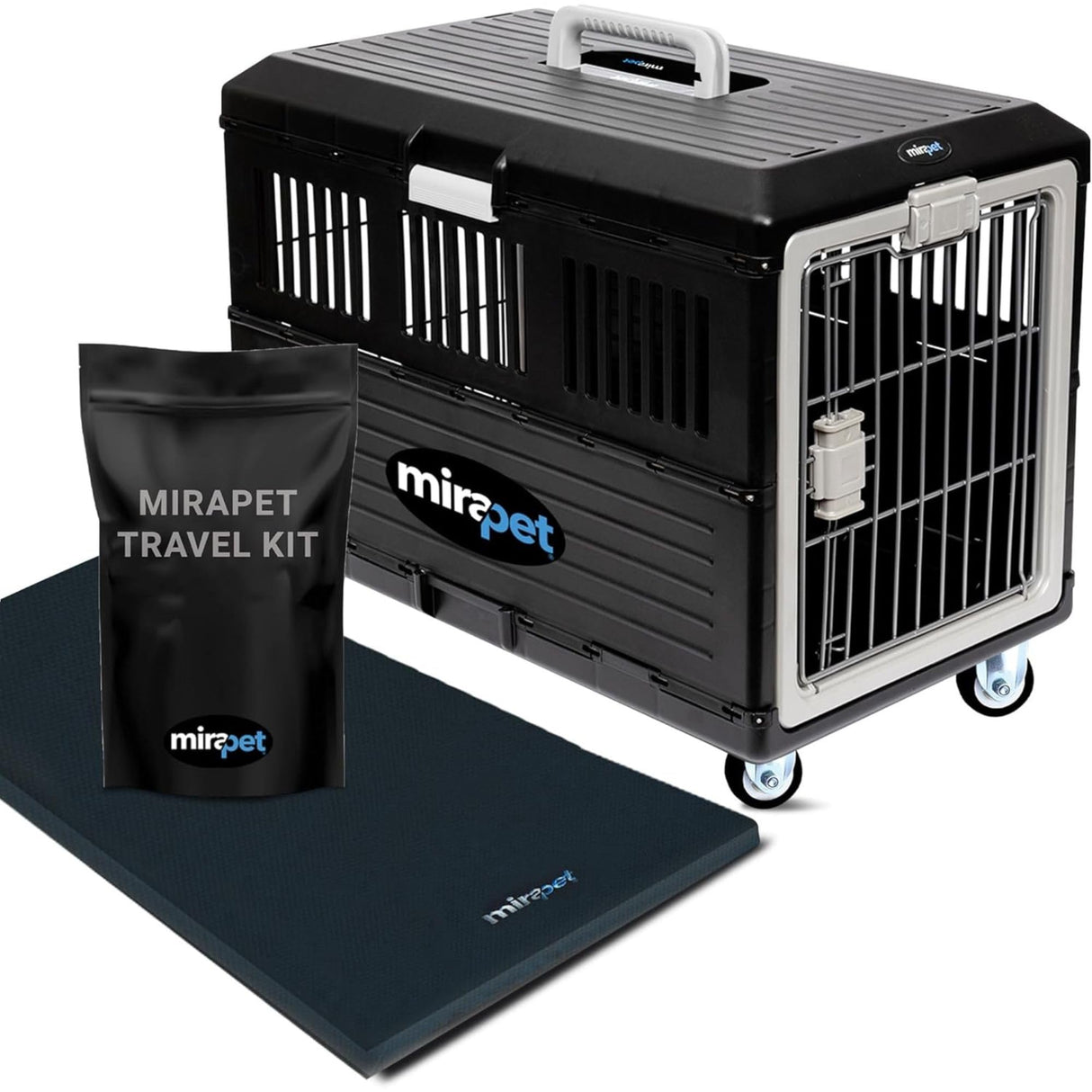 Mirapet Pet Carrier with Pad, 21.5" L x 12" W x 14" H - Collapsible Travel Kit for Small Cats & Dogs, Hard Plastic Wall Kennel for Indoor/Outdoor Use