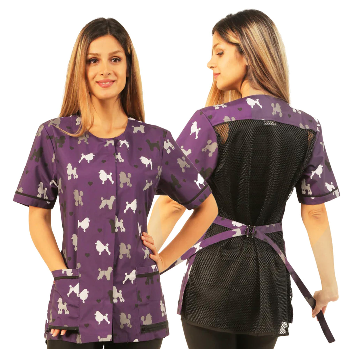 Ladybird Line 710 Purple Poodle Print Waterproof Dog Grooming Smock, Hair and Bleach Resistant with Covered Zipper Panel, Mesh Back, and Back Tie Belt, Ideal for Pet Groomers and Vet Clinics - XL