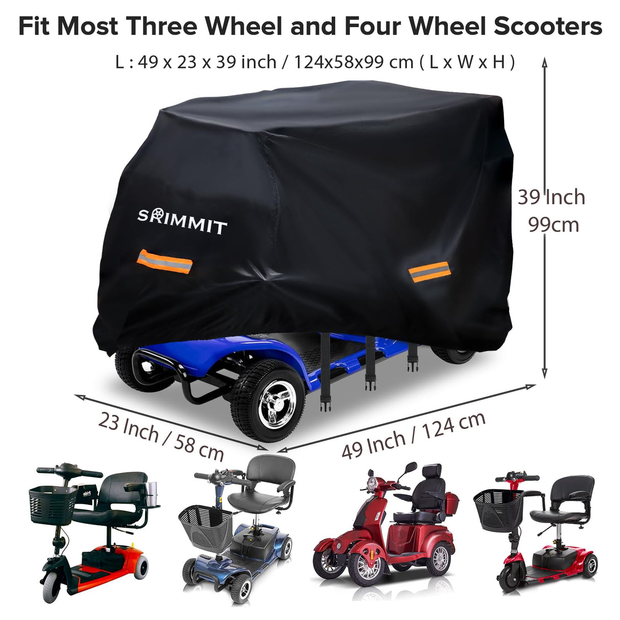 Upgraded Mobility Scooter Storage Cover,SRIMMIT Heavy Duty 420D Oxford Fabric Electric Scooter Cover, Waterproof,Anti-UV,Durable with Waterproof Strip,Reflective Strips,3 Buckles(L49"x 23"x 39"）