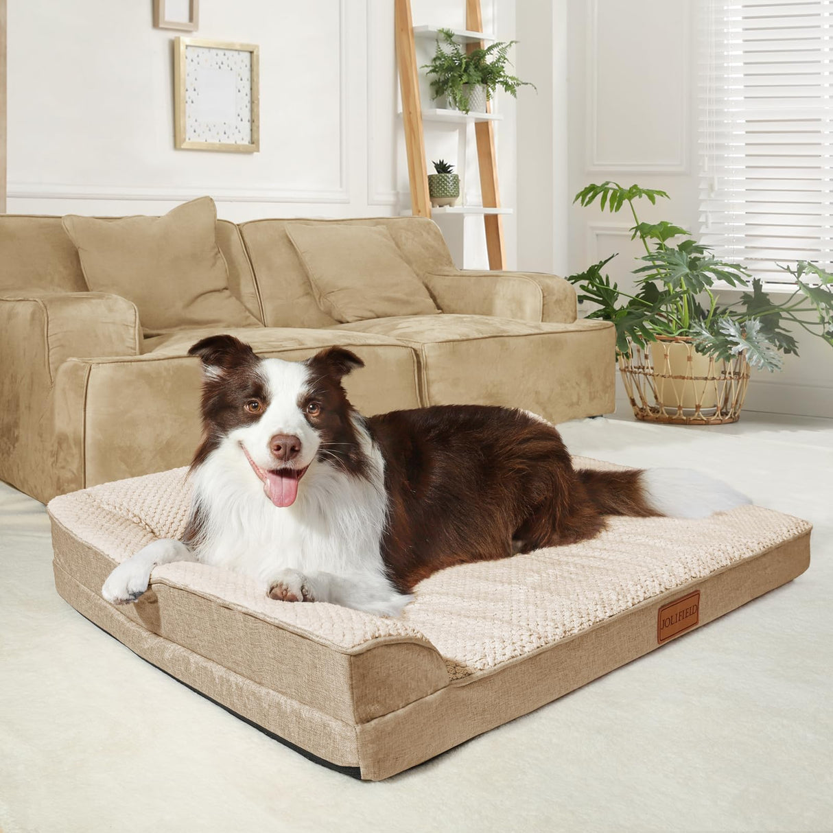 Jolifield Orthopedic Dog Bed Large Sized Dog 36''X24'', Waterproof L Bolster Egg Crate Foam Pet Crate Beds with Washable Removable Cover, Non-Slip Soft Pet Couch Sleep Mat, Ivory