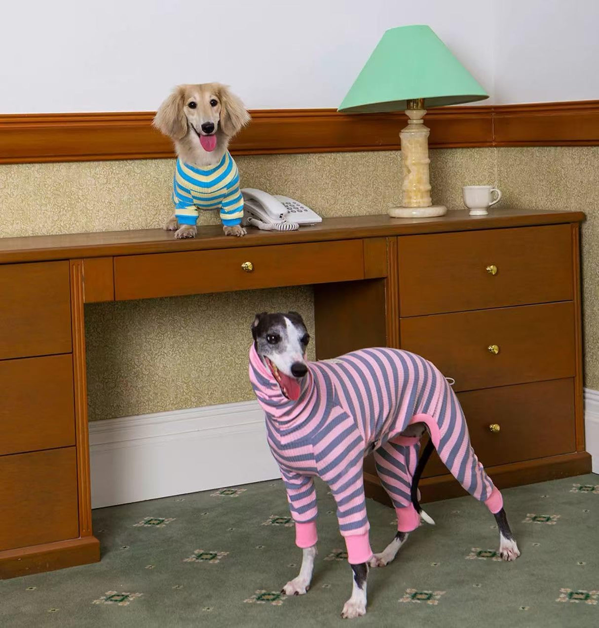 HowlyWoof Dachshund Dog Shirt, Thin Striped Base Layer Onesie for Wiener Dogs, Lightweight All-Season Wear, Soft & Comfy Fit for Doxie and Short-Leg Breeds (Pink&Grey, Size 1 (7-11lbs))