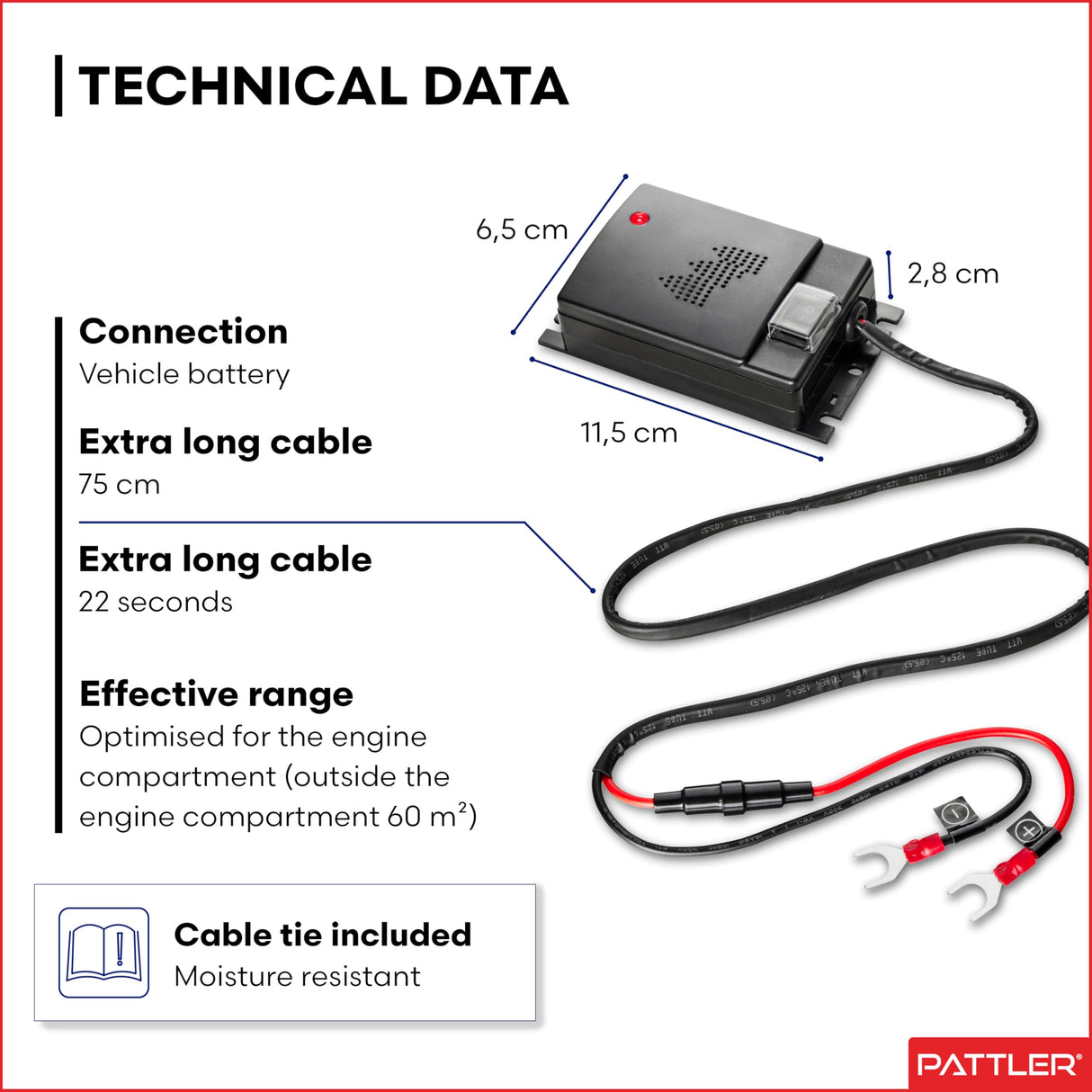 PATTLER® Best Mouse Repellent for Cars | Mouse Repellent with Connection to 12V Car Battery | Ultrasonic Pest Repeller | Mice Repellent for Engines Under Hood I Long Term Pest Control | 1 Unit