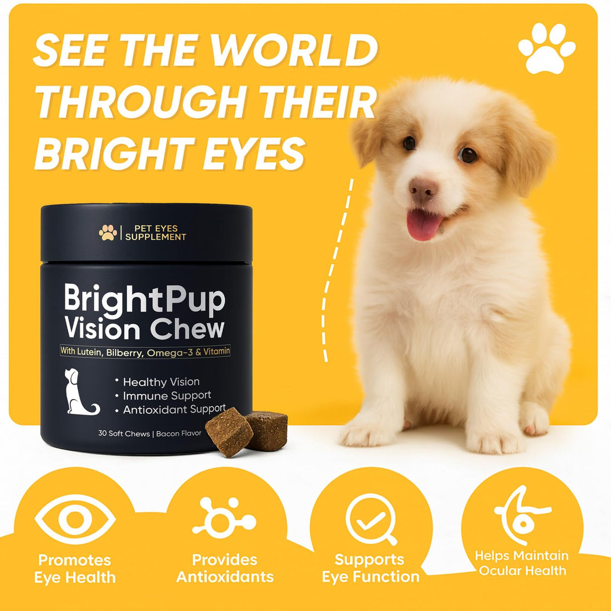 BrightPup Dog Vision Chews, Dog Vision Supplement with Lutein, Vitamin A/C/E, Bilberry & Omega-3, Supports Eyes Health & Visions Clarity, Bacon Flavor Eye Supplements for Dogs, 30 Soft Chews (1)