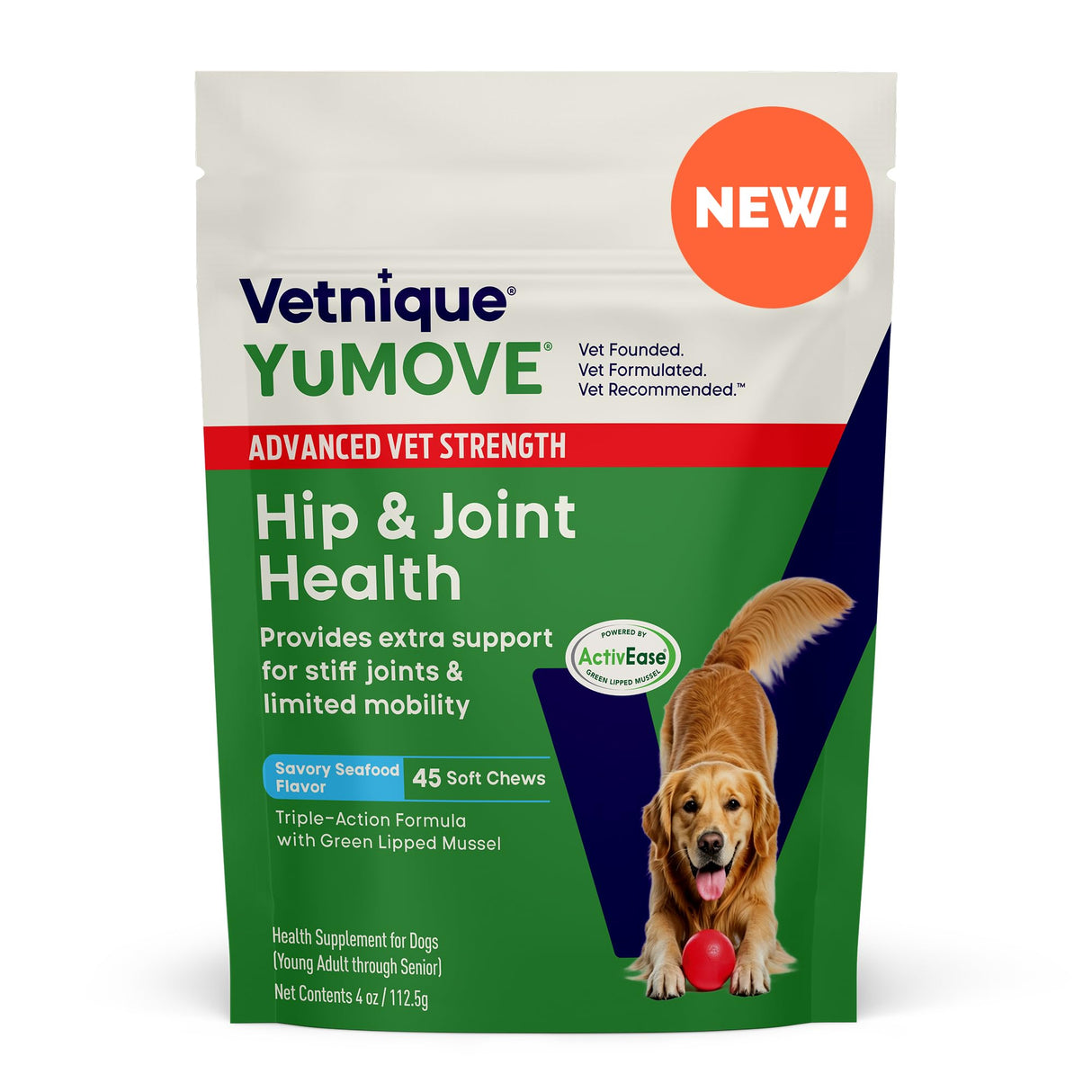 Yumove Hip & Joint Supplement for Dogs with Glucosamine, Hyaluronic Acid, Green Lipped Mussel & Omega 3 Joint Supplement - Regular or Advanced Strength (45 Count, Advanced Vet Strength Soft Chews)