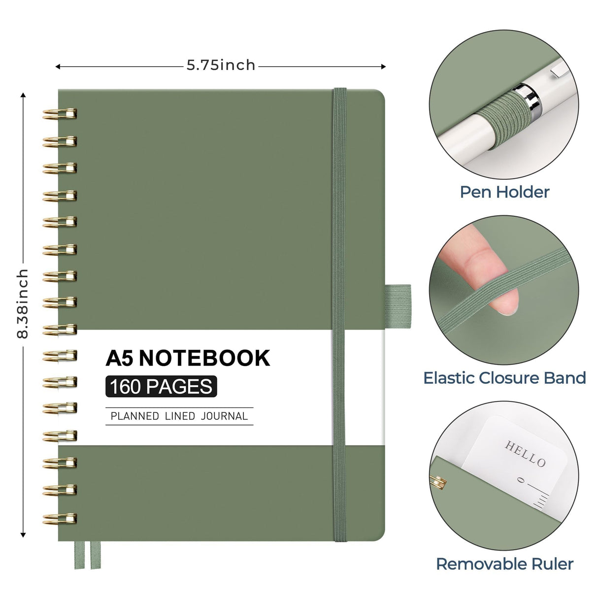 AHGXG Spiral Journal Notebook, 160 Lined Pages, A5 Medium Size (5.7'' x 8.3''), for Men & Women, Journaling, Writing, Work & Office, Hardcover, 100 GSM Thick Paper (Light Green)