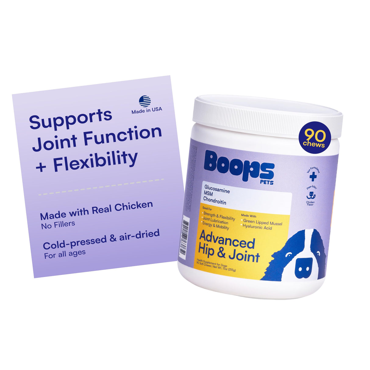 Boops Pets Advanced Hip & Joint Supplement for Dogs - 90 Soft Chews with Glucosamine, MSM, Chondroitin & Multivitamins - Supports Mobility & Flexibility - Made with Pasture-Raised Chicken