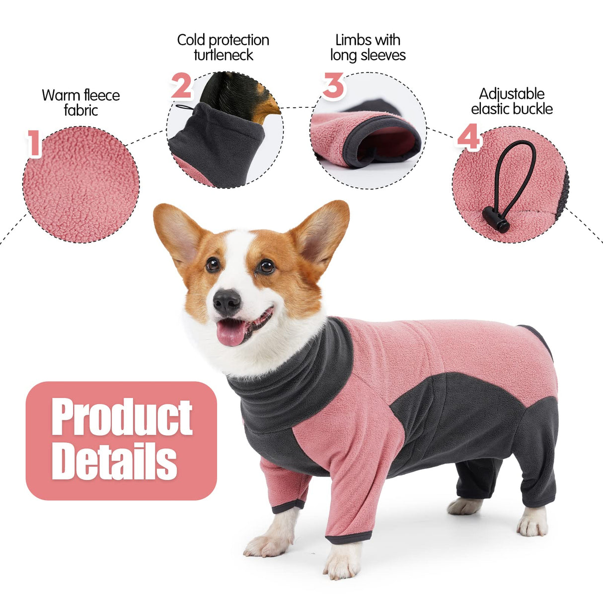 ODSSTAIPS Dog Winter Coat - Soft, Warm, Windproof Fleece Dog Sweatshirt - High Neck Full Body Onesie for Walking, Hiking, Travel, Home Wear - Pin Grey XXXL