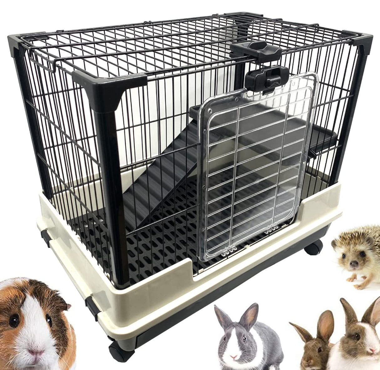 Deluxe 2-Level in/Outdoor Rabbit Hutch Cage for Ferret Squirrel Chinchilla Paw Safe Solid Platform Ramp Mesh Floor Pull Out Leakproof Easy Clean 2-Inch Deep Tray Large Access Doors Lockable Casters