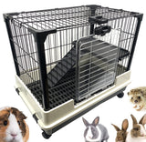 Deluxe 2-Level in/Outdoor Rabbit Hutch Cage for Ferret Squirrel Chinchilla Paw Safe Solid Platform Ramp Mesh Floor Pull Out Leakproof Easy Clean 2-Inch Deep Tray Large Access Doors Lockable Casters